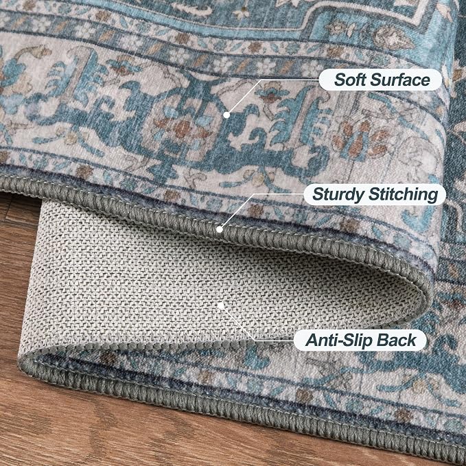 Tangsoo Vintage 2.6x10 Washable Hallway Runner Rugs, Non Slip Runners Blue | Farmhouse Soft Low Pile Long Rug, Boho Oriental Print Indoor Carpet Runners for Hallway Living Room Kitchen Bedroom Blue Grey