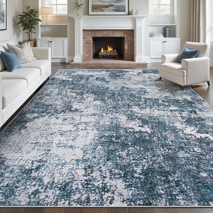 pmtsns Area Rugs 10x14 Living Room: Washable Rug Modern Abstract Neutral Soft Non-Slip Low-Pile Indoor Large Carpet for Bedroom Dining Room Playroom Home Office (Blue Grey, 10'x14')