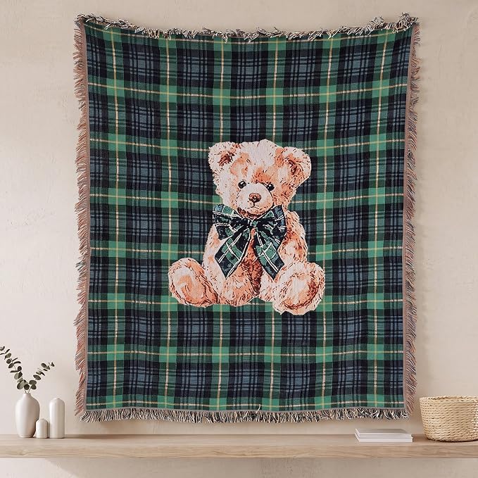 Moukeren 60 x 50 Inch Tartan Plaid Bear Baby Woven Tapestry Throw Blanket Green Blue Scottish Tartan Throw Blanket with for Office Bed Living Room Bedroom Sofa Chair Couch Crib