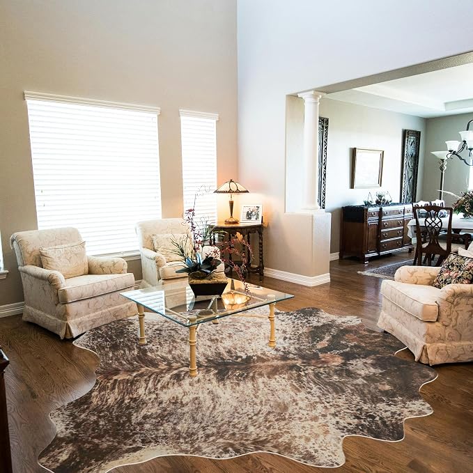 Brown Large Faux Cowhide Rug 8x10ft Washable Cowhide Rug | No-Slip Low Pile Animal Print Western Decor for Living Room Bedroom Kitchen Bathroom-No Fur