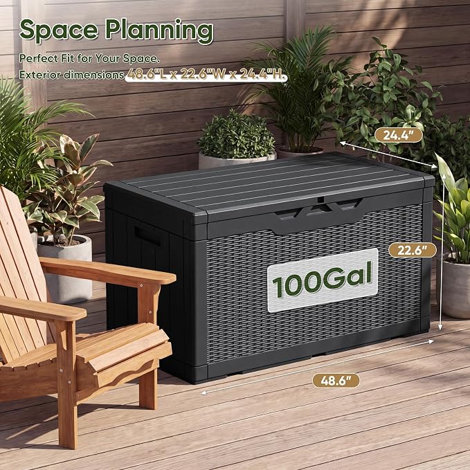 Flamaker Outdoor Storage Box 100 Gallon Waterproof Resin Deck Box Delivery Box with Air Rod Indoor Outdoor Lockable Storage Bench for Patio Cushions, Tools, Pool Accessories (Black)