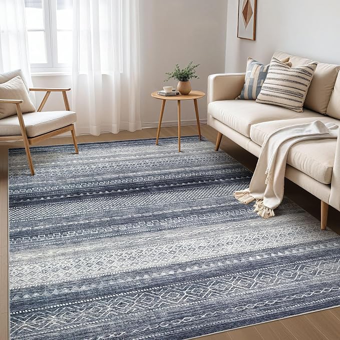 Nakagishi Boho 4x6 Area Rug Living Room Rugs Machine Washable Denim Blue | Soft, Pet & Kid Friendly, Carpet for Living Room/Bedroom/Office/Kitchen/Nursery, Daily Home Decor Stain Resistant Moroccan
