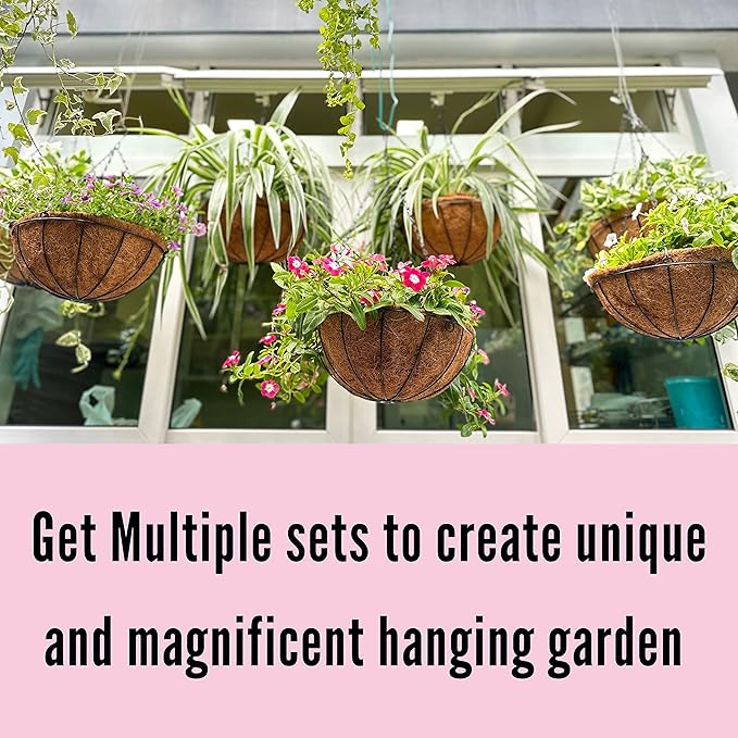 LaLaGreen Hanging Baskets for Plant Outdoor (2 Pack, 16 Inch) Extra Large Black Metal Wire Hanging Planter with Coco Liner Round Flower Pot Holder Hanger Deck Porch Modern Garden Balcony Country Decor