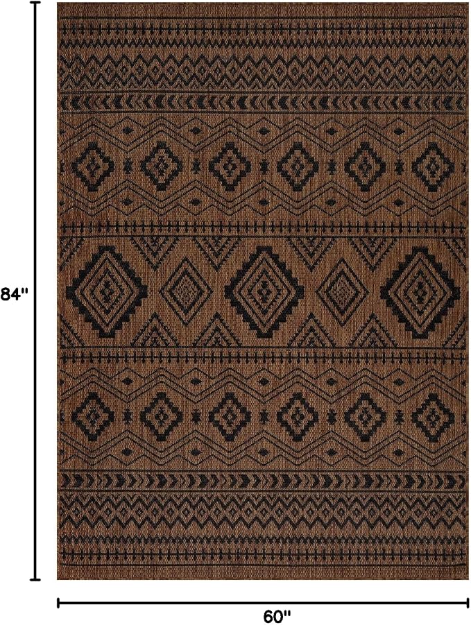Beverly Rug Waikiki Boho Indoor Outdoor Rug 5x7, Washable Outside Carpet for Patio, Deck, Porch, Bohemian Area Rug, Farmhouse Rugs, Aztec Tribal Rug, Nut Brown and Black