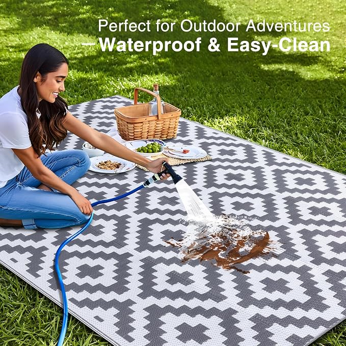 OLANLY Waterproof Outdoor Rug 4x6 ft, Outdoor Plastic Straw Rug for Camping, RV Mat Outside, Outdoor Carpet for Porch, Deck, Backyard, Balcony, Picnic, Grey & White