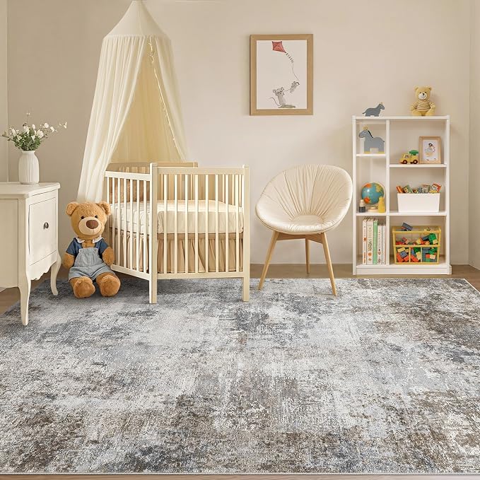 Tortania Washable 8x10 Area Rug for Living Room: Modern Abstract Neutral Large Soft Thin Rugs - Non Slip Indoor Carpet for Bedroom Dining Room Office Nursery Home Floor Decoration - Ash Taupe