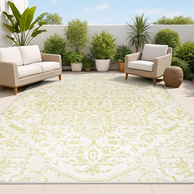 JONATHAN Y Boho Medallion Indoor Outdoor Area Rug 9X12 Cream/Green, Estrella Textured Weave for Backyard, Patio, Porch, Easy-Cleaning, High Traffic, Pet-Friendly, Non-Shedding (SMB105E-9)