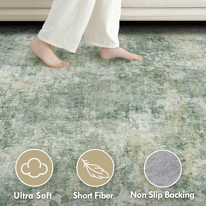 Tortania Washable 7x9 Area Rug for Living Room: Modern Abstract Neutral Large Soft Thin Rugs - Non Slip Indoor Carpet for Bedroom Dining Room Office Nursery Home Floor Decoration - Olive Green