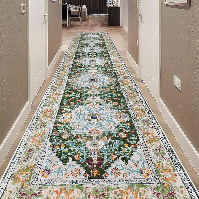 U'Artlines 2.6' x 14' Extra Long Boho Hallway Runner Rug, Green | Non Slip Washable Vintage Farmhouse Accent Area Rug Carpet for Kitchen Entryway Laundry and Living Room
