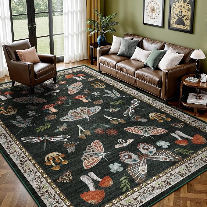 Area Rug 5x7, Insect Ultra Soft Washable Rug Non Slip with Rubber Back, Stain Resistant Rugs for Living Room, Bedroom, Dining Room(Black Butterfly)