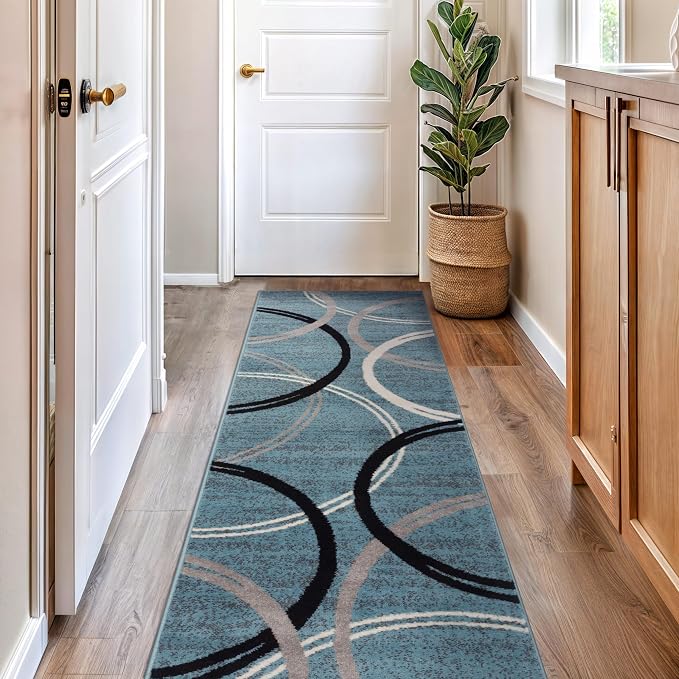 Rugshop Wavy Circles Modern Non-Shedding Runner Rug Blue 2'7" x 8' | Rectangular, Size 2'7" x 8', Living Room, Bedroom, Dining Room, Home Office, Kitchen, Entryway, Hallway, Nursery, Kids Room