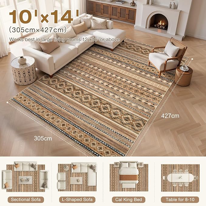 cotiled Boho 10x14 Area Rug for Living Room: Large Moroccan Washable Rug | Stain Resistan Carpet for Bedroom Farmhouse Brown Beige
