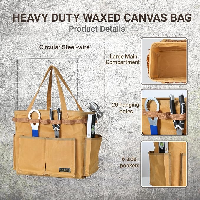 Water Resistant Gardening Tool Bag with Handles - 6 Pockets Utility Self-Standing Organizer for Camping/Garden/Car Storage, 14" x 13" x 10" | Khaki