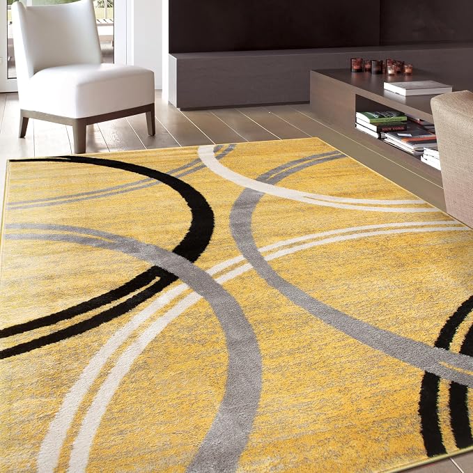 Rugshop Wavy Circles Non-Shedding Living Room Area Rug Yellow 6'6" x 9' | Rectangular, Size 6'6" x 9', Bedroom, Dining Room, Home Office, Kitchen, Entryway, Hallway, Nursery, Kids Room, Guest Room