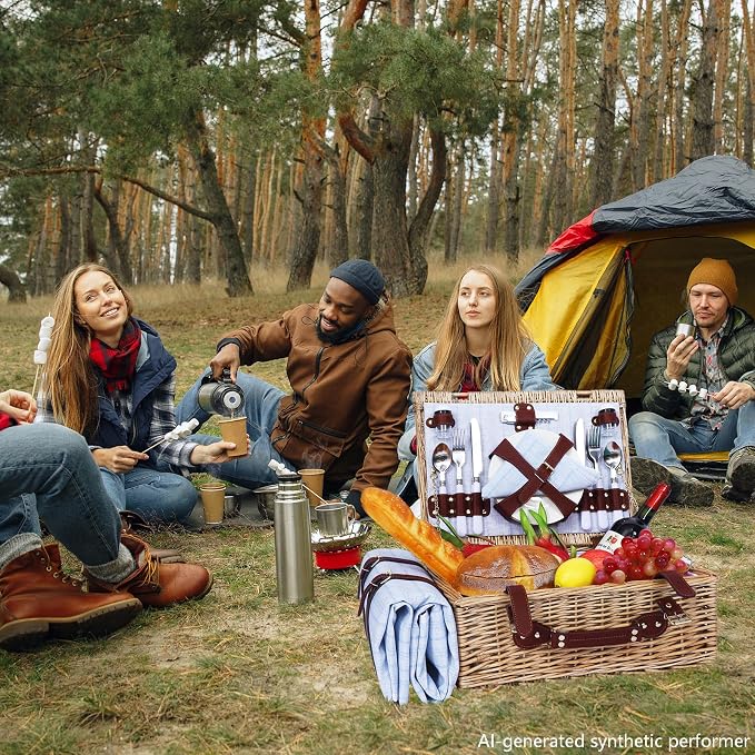 Picnic Baskets Wicker Willow Picnic Set for 4 Persons with Insulated Cooler Bag and Waterproof Blue Picnic Blanket Gift for Christmas Thanksgiving Wedding Birthday Camp Outdoor Beach Travel