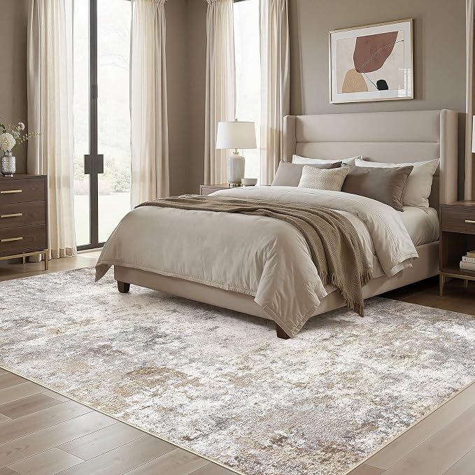 UERMEI 7x9 Area Rug Living Room Rugs - Washable Neutral Modern Abstract Soft Thin Large Rug Indoor Floor No Slip Rug Carpet for Bedroom Under Dining Table Home Office Decor - Brown Grey