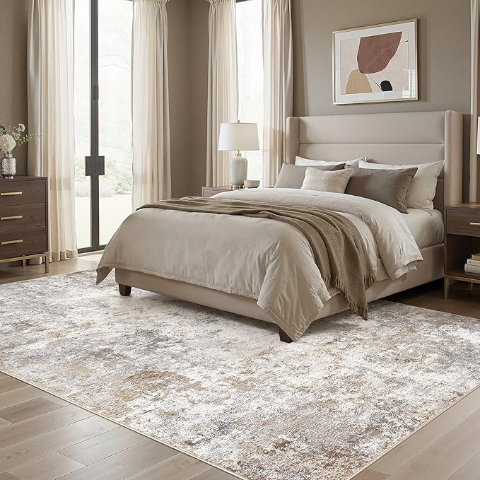 UERMEI 10x12 Area Rug Living Room Rugs Washable Neutral Brown Grey Carpet | Modern Abstract Non-Slip Soft Large Low Pile Floor Rugs for Bedroom Dining Room Home Office Indoor Decor