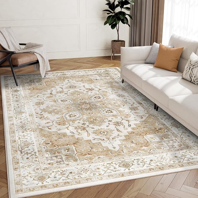 AMADA HOMEFURNISHING 5x7 Area Rugs, Washable Living Room Rug Low-Profile with Non-Slip Backing & Durable Edge Binding, Vintage 5x7 Rugs for Living Room, Bedroom, Dinning Room