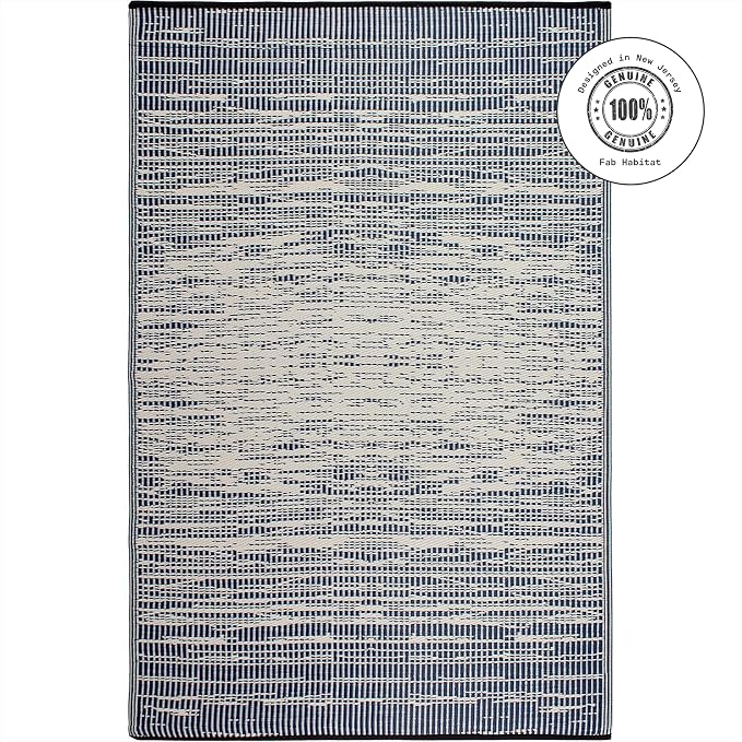Fab Habitat Abstract Distressed Stripes Outdoor Rug - Waterproof, Fade Resistant, Crease-Free, Reversible - Premium Recycled Plastic - Patio Porch Balcony Deck - Brooklyn Blue - 8x10 ft