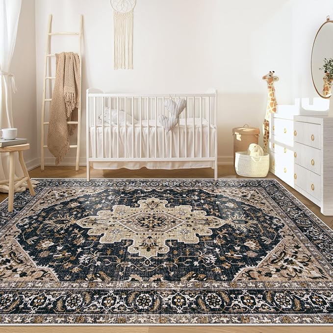 Area Rugs 6x9 Vintage Rug: Washable Living Room Rug Retro Medallion Distressed Large Soft Low Pile Non-Slip Indoor Floor Carpet for Bedroom Kitchen Nursery Dining Table Office (BeigeBlack, 6'x9')