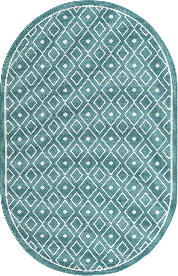 Unique Loom Outdoor Trellis Collection Area Rug - Kafes (5' 3" x 8' Oval, Teal/ Ivory)