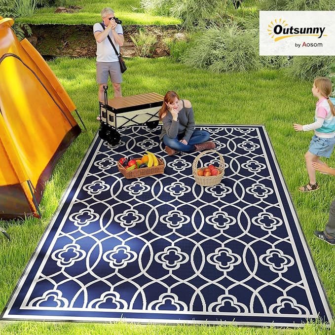 Outsunny Outdoor Rug for Patio, 9' x 18' Waterproof Large Mat, Reversible Plastic Straw Rug for Decor, Portable Outside RV Camping Area Carpet Mat for Backyard Porch Deck Picnic, Blue & White Lantern
