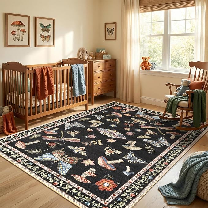 ROYHOME Mushroom Insect Washable Rug 5x7 for Bedroom Living Room Black | Playroom Nursery Office Bug Moth Cute Funky Cottage Core Whimsical Boy Carpet Low-Pile Non-Slip Stain Resistant TPE Backing