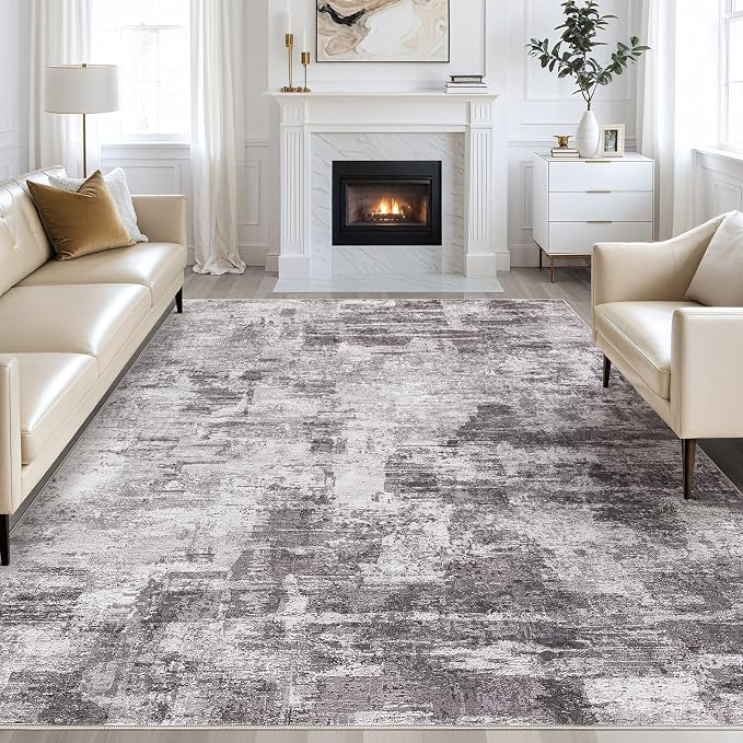 kakania Abstract 8x10 Area Rugs for Living Room: Washable Rugs Grey | Soft, Non-Slip, Low-Pile, Pet & Kid Friendly - Large Modern Home Decor Carpet for Bedroom/Dining Room/Office/Nursery