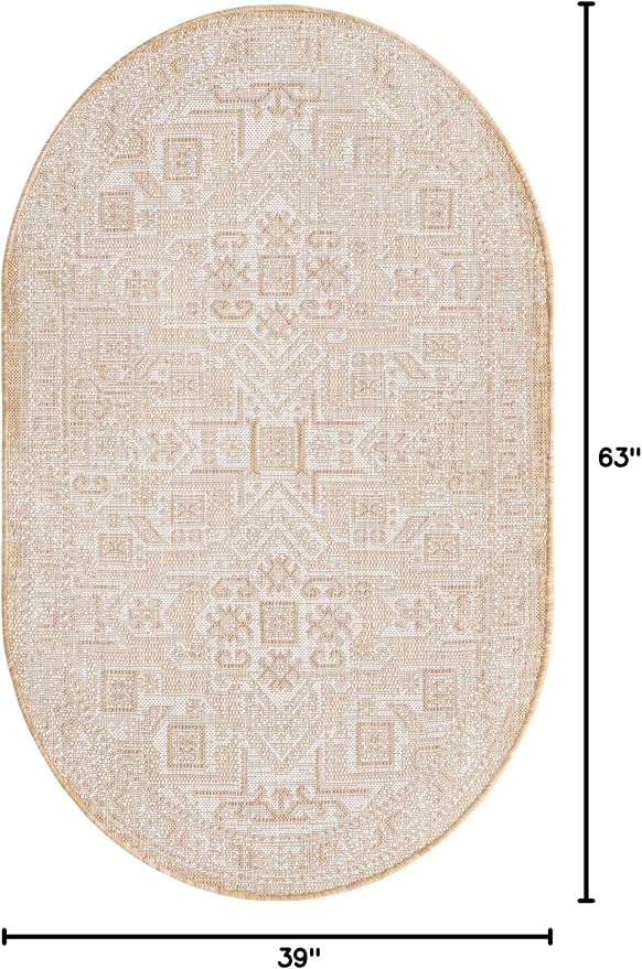 Unique Loom Outdoor Aztec Collection Area Rug - Coba (3' 3" x 5' 3" Oval, Natural/ Ivory)