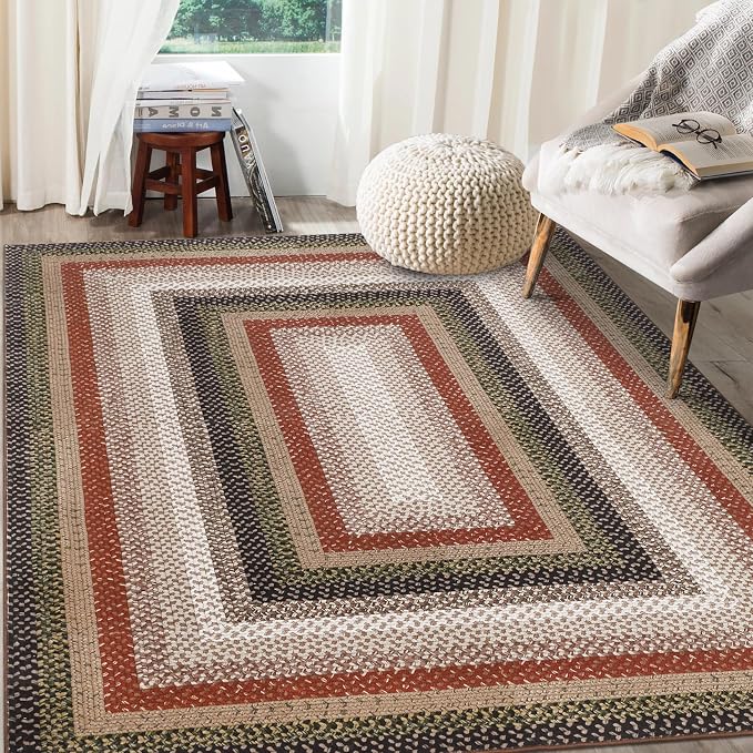 RUGSREAL Large Living Room Area Rug 10x13 Braided Washable Rug Non Slip | Bedroom Carpet Stain Resistant Dining Room Braid Printed Farmhouse Accent Throw Rug for Home Decor Office, Crimson/Earthy