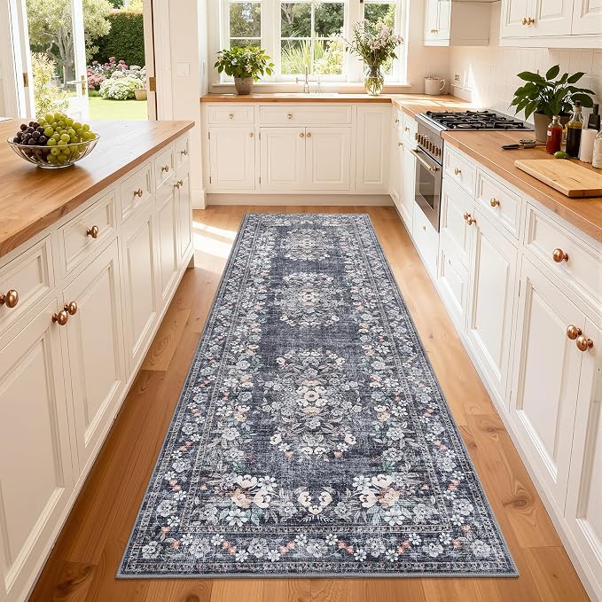 GarveeHome 2x10 Blue Runner Rug for Bath Distressed Leaf Flower Long Rug | Vintage Botanical Throw Floor Cover for Kitchen Low Pile Machine Washable Non-Slip Carpets Floral Rug for Entryway