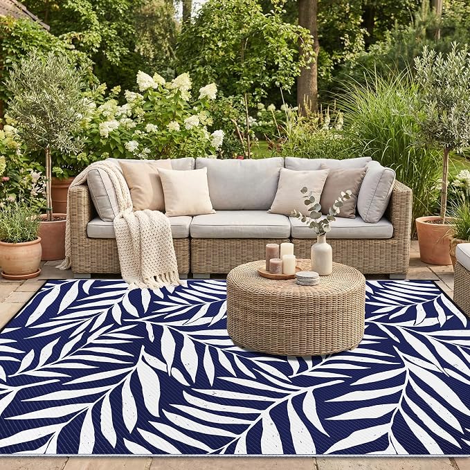Smiry Outdoor Rug 6x9 ft, Waterproof Reversible Plastic Straw Rugs, Outdoor Area Rug with Leaf Pattern, Outside Floor Mat for Patio, Backyard, Deck, Picnic, Beach, Camping, Navy & White
