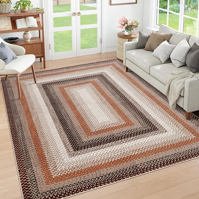 RUGSREAL Braided Washable Area Rug 8x10 Large Area Rug for Living Room | Modern Braid Bedroom Carpet Stain Resistant Dining Room Soft Farmhouse Accent Throw Carpet for Home Decor, Brown/Rust