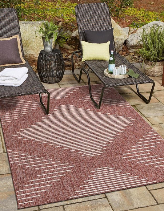 Unique Loom Outdoor Modern Collection Area Rug - Tambor (5' 3" x 8' Rectangle, Rust Red/ Ivory)