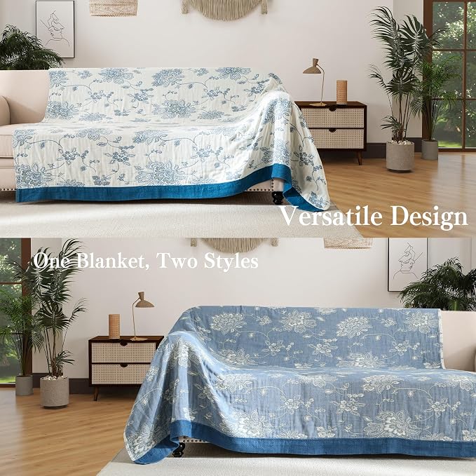 Phuryllic Boho Throw Blanket Twin Size, Soft Cozy Cotton Muslin Quilt Blanket for Bed Decor, Floral Patterned Couch Sofa Chair Cover, Vintage Farmhouse Cottage Tapestry Woven Blanket, Blue and White
