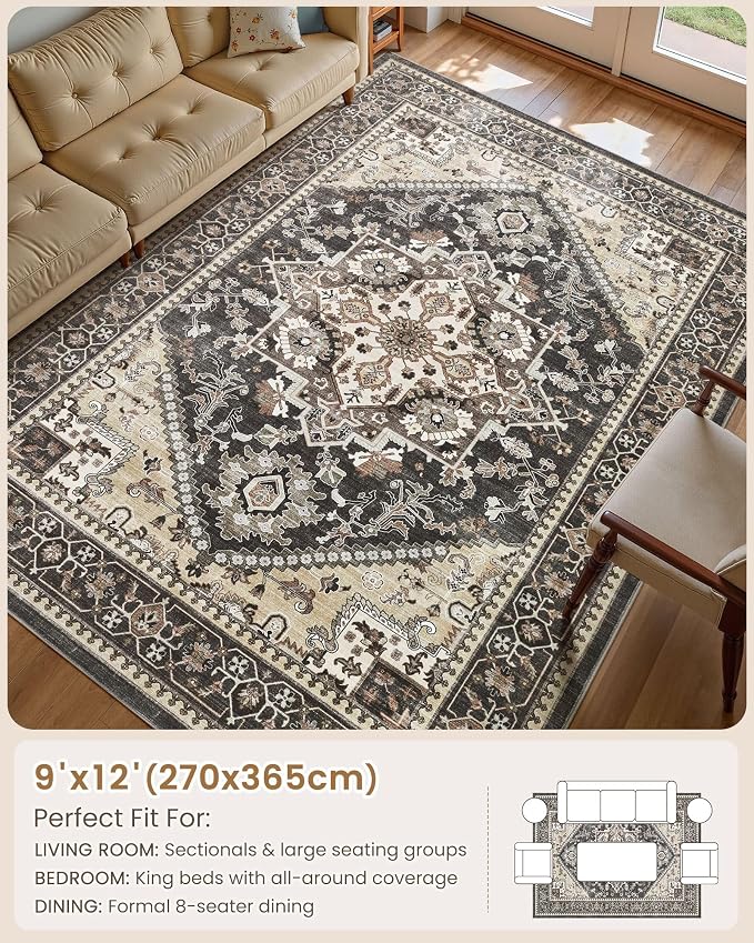 Washable Area Rug-9X12 Vintage Neutral Soft Black | Non Slip Thin Foldable Large Floor Carpet for Living Room Bedroom Kitchen Dining Room Home Office Farmhouse Indoor