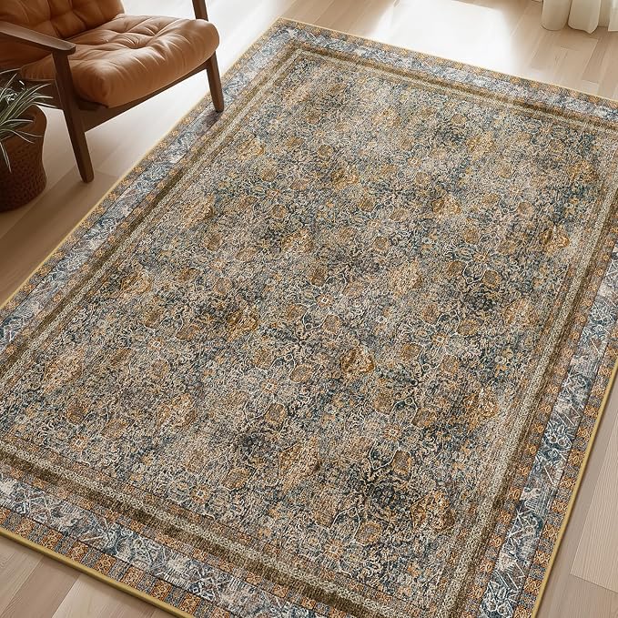 Phantoscope Washable Area Rug 6'x9' Non-Slip, Vintage Neutral Rugs for Living Room, Bedroom, Dining Room, Distressed Boho Floral Medallion Pattern, Low-Pile Foldable Carpet, Brown/Charcoal Spice