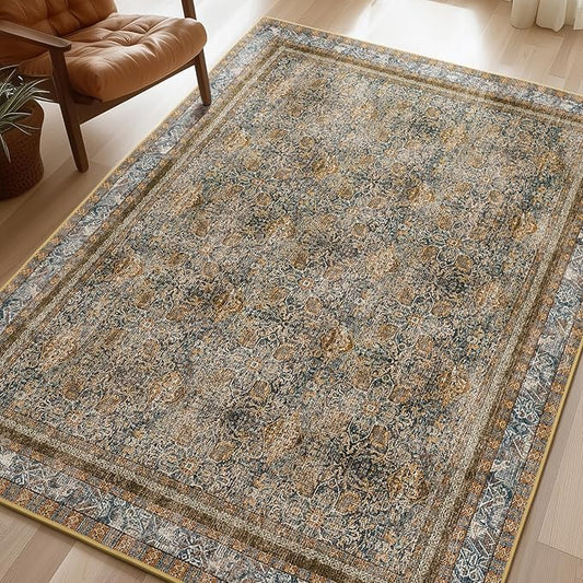 Phantoscope Washable Area Rug 8'x10' Non-Slip, Vintage Neutral Rugs for Living Room, Bedroom, Dining Room, Distressed Boho Floral Medallion Pattern, Low-Pile Foldable Carpet, Brown/Charcoal Spice
