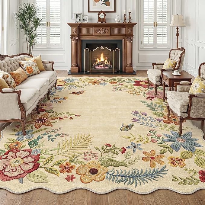 FMFUNCTEX 8x10 Washable Beige Floral Scalloped Area Rug for Living Room | Boho Vintage Flower Colorful Traditional Cream Soft Non Slip Low Pile Large Indoor Thin Carpet Bedroom Dining Room Nursery
