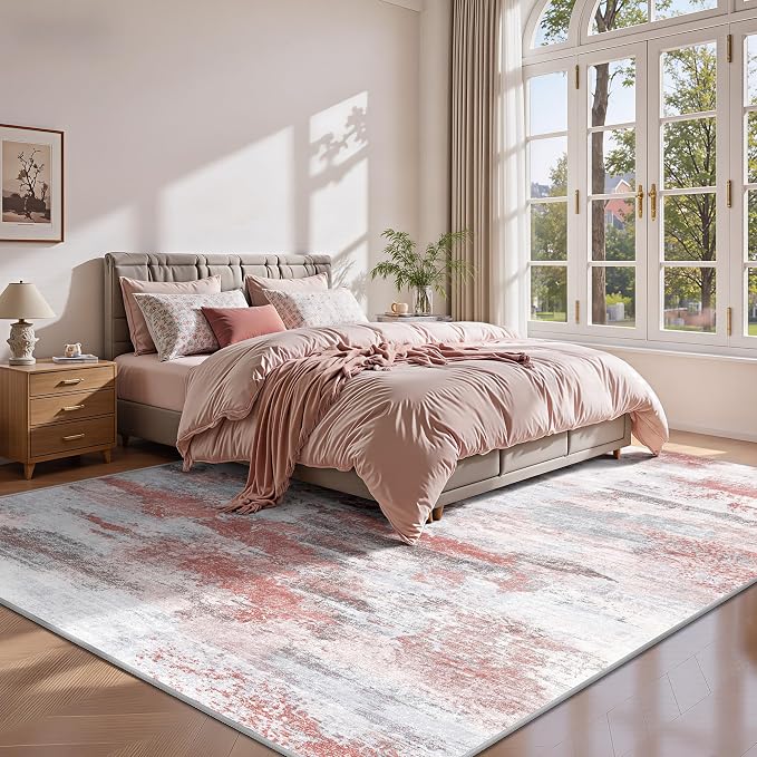 8x10 Rugs for Living Room - Modern Abstract Washable Rug, Ultra Soft Non Slip Low Pile Large Rugs, Floor Carpet for Bedroom Dining Room Office Laundry Nursery Home（Pink & Grey）
