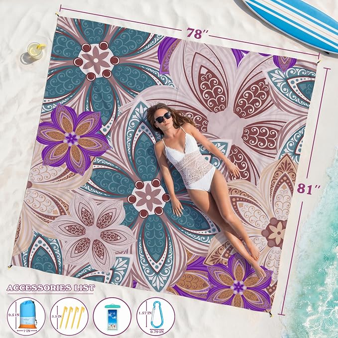 Famstar Beach Blanket Oversized Extra Large 78"X81"/10'X9',Waterproof Sandproof Beach Blanket 2-8 Adults Lightweight Durable for Travel Camping Hiking Picnic