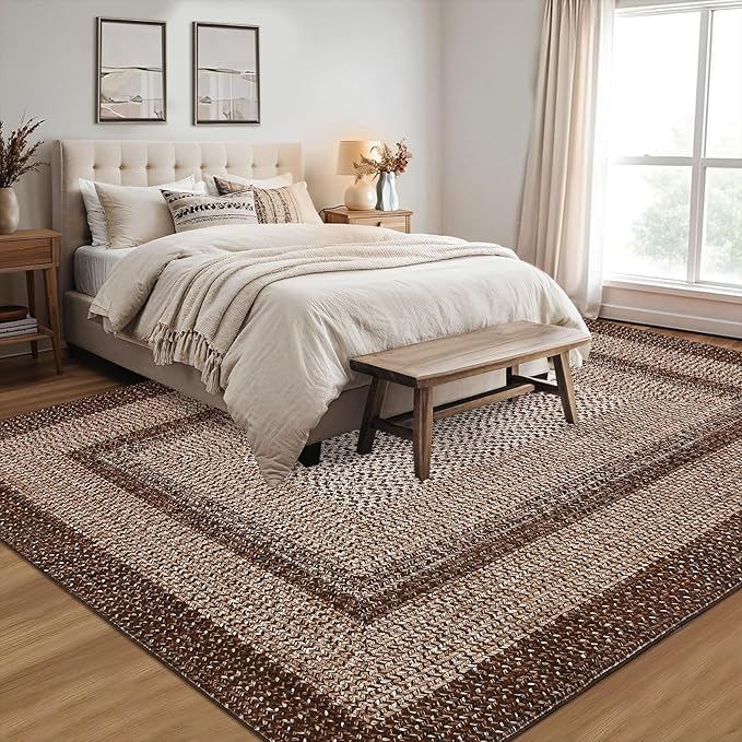 RUGSREAL Washable Bedroom Rug 4x6 Living Room Braided Print Floor Cover | Dining Room Throw Carpet with Rubber Backing Farmhouse Rustic Accent Rugs for Living Room Home Decor, Brown