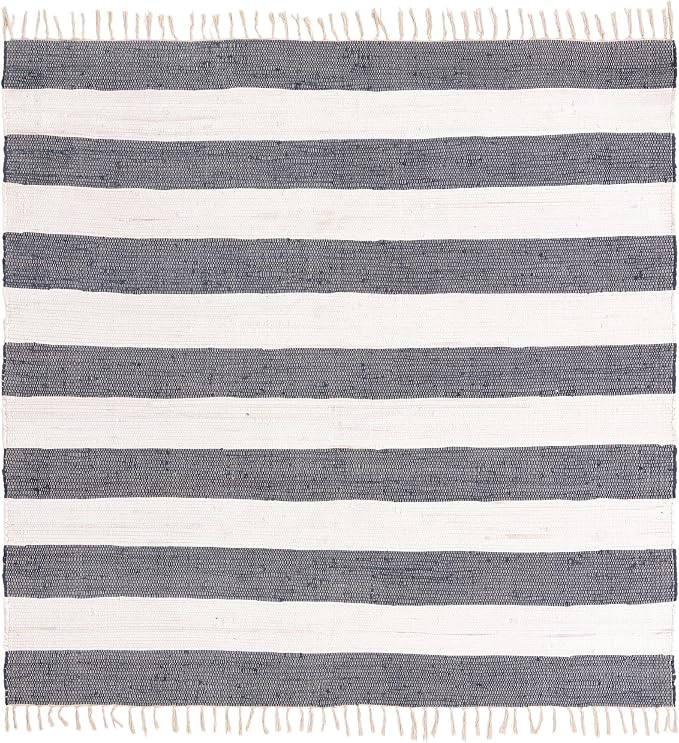 Unique Loom Chindi Rag Collection Area Rug - Striped (10' Square, Navy Blue/ Ivory)