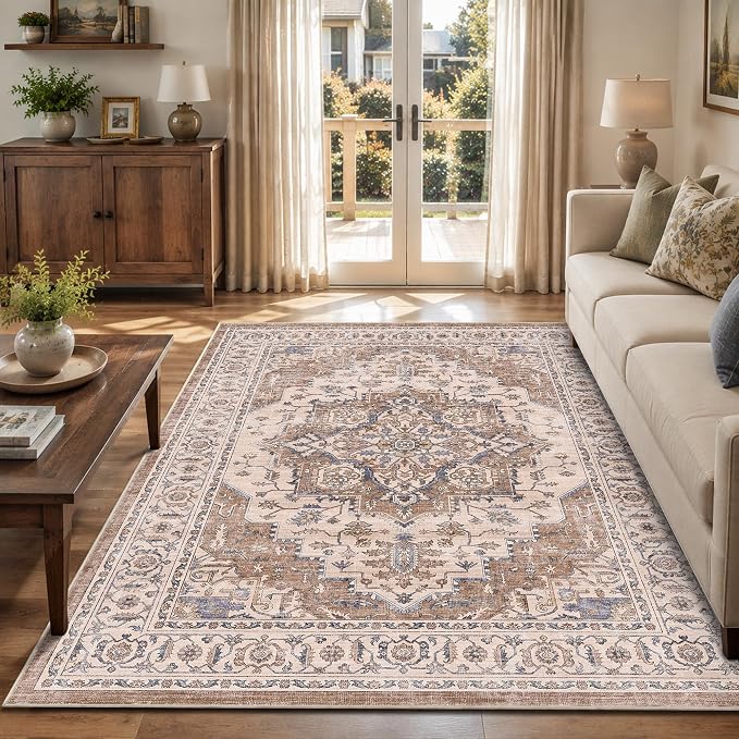 5x7 Area Rug for Living Room Soft Washable Vintage Boho Area Rug | Non-Slip, Retro Print, Low Pile, Stain Resistant, Soft Washable Brown Carpet, for Bedroom, Dining Room, Nursery, Home Office