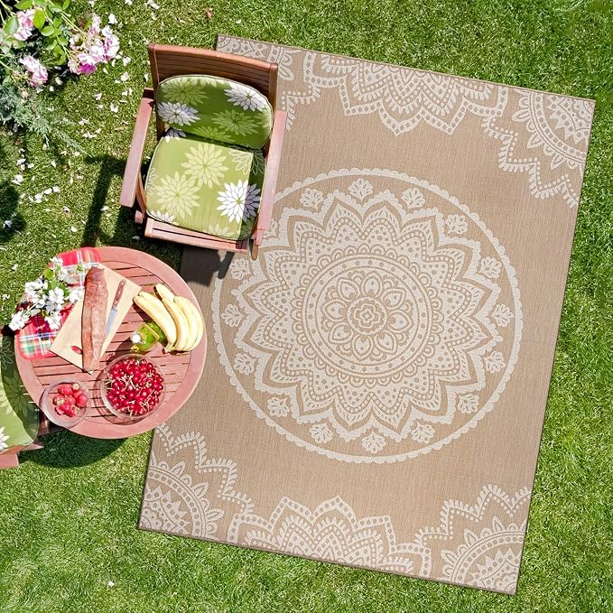 CAMILSON Outdoor Rug 10x14 Modern Area Rugs for Large Indoor and Outdoor Patios and Porches - Washable, Non-Shedding, Easy-to-Clean Outside Carpet (10 x 14, Medallion - Beige/White)