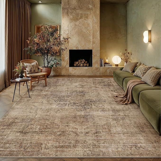 8x10 Brown Vintage Area Rug | Washable, Non Slip, Soft Low Pile, Neutral Farmhouse, Large, for Living Room Bedroom Dining Room Office Indoor Home Decor