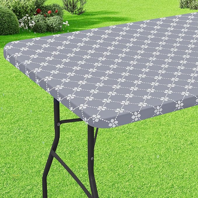 misaya Rectangle Vinyl Table Cloth, Elastic Fitted Tablecloth with Flannel Backing, Waterproof Plastic Table Cover Fits Folding Tables for Picnic, Camping, Indoor and Outdoor (Grey, 36" x 96")