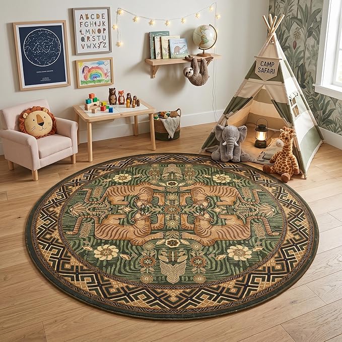 GarveeHome Tiger Round Area Rugs Boho Living Room Non Slip Washable Vintage | 8ft Green Animal Print Circle Rugs, Tribal Floor Carpet for Dining Room Entryway Nursery Playroom Office