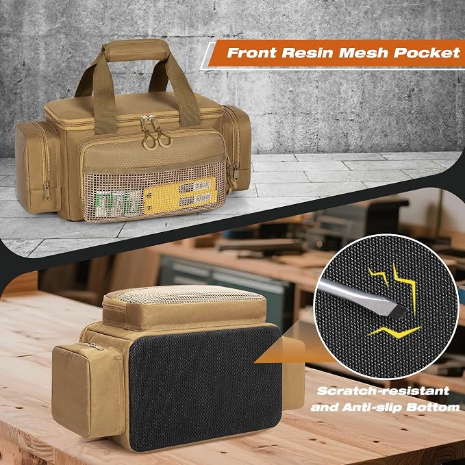 Small Tool Bag With Anti-Friction Bottom, 12-Inch Tool Organizer | Large Capacity, Top Full-Opening, Multiple Pockets, Padded Handles, Small Tool Box for Gardener, Technician, Electrician