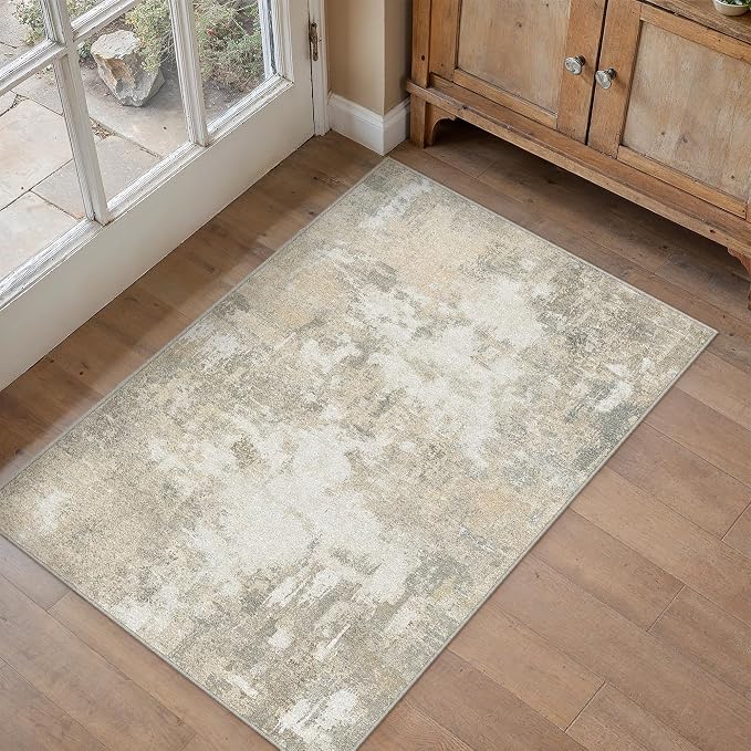 2x3 Beige Grey Modern Abstract Washable Area Rug for Entryway | Low Pile, Non Slip, Modern Abstract Style, Soft Indoor Rug for Entryway, Kitchen, Bathroom, Door Mat, Home Decor